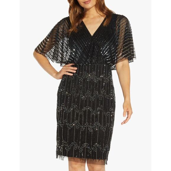 Adrianna Papell Black Sequins Beaded S/S Blouson Knee Length Cocktail Dress 4 - Picture 1 of 10